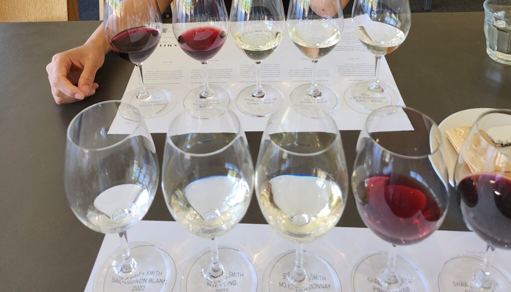 A tasting flight of white and red wines at Shaw + Smith, Adelaide Hills