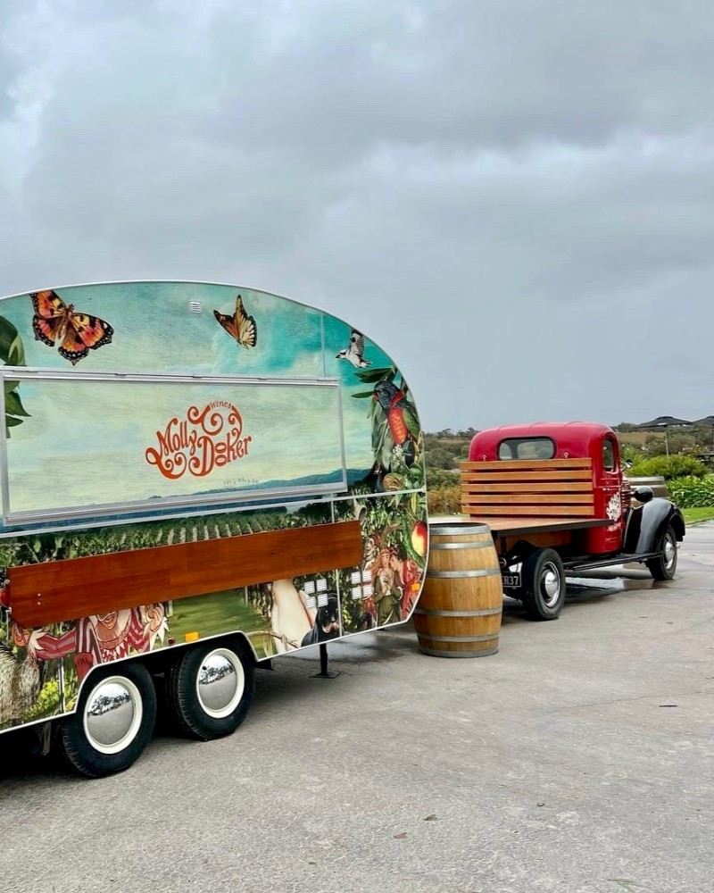 bespoke food cart with butterfly garden mural