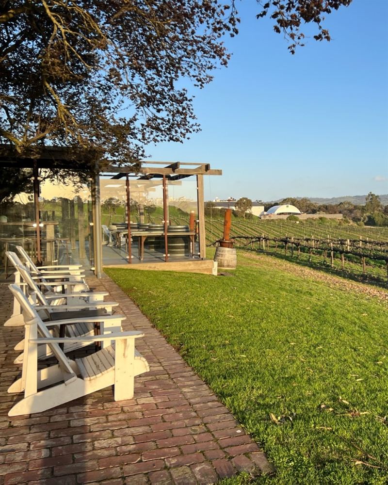 white deck chairs sit next to the cellar-door overlooking the vineyard and rolling hills