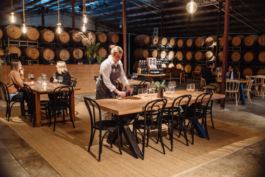 The tasting room among the barrels at Bird in Hand, Adelaide Hills