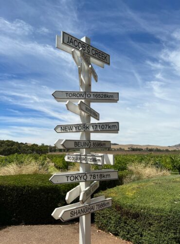 an iconic signpost showing distances to world landmarks